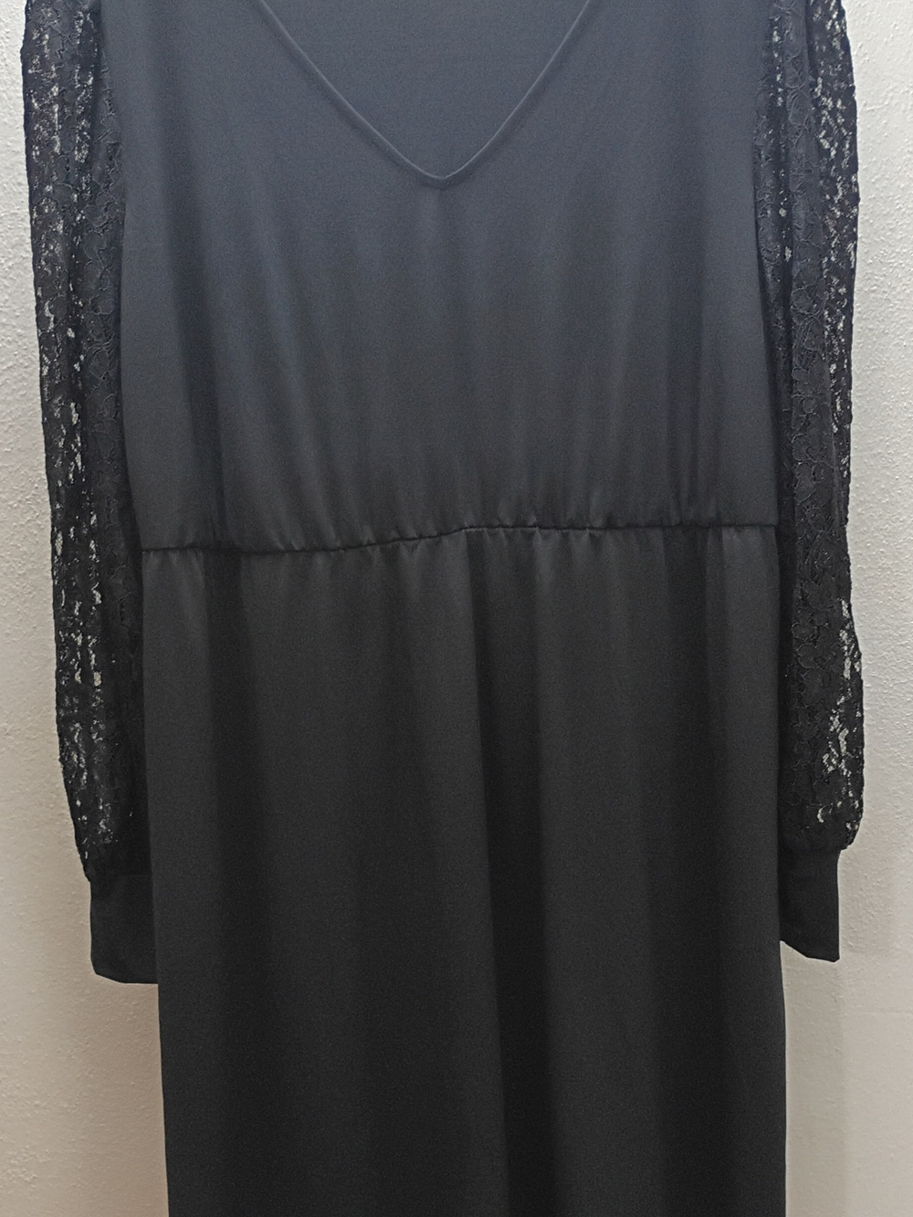 Maurices Black Babydoll V-Neck Dress with Floral Lace Long Sleeves Plus Size 1X